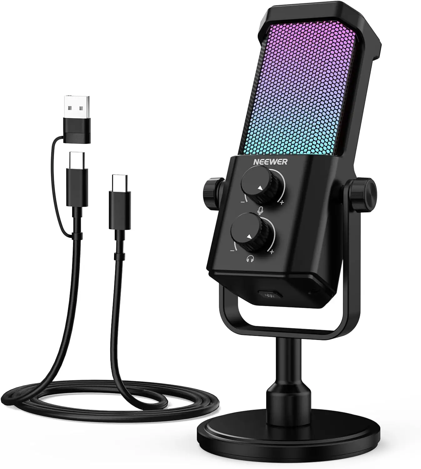 AI USB Podcasting Microphone, Plug & Play Cardioid RGB Mic, AI Noise Canceling/Mute/Music Sync/App Control for Skype Zoom Meeting Gaming, Compatible with Android PC Windows Mac PS4/5