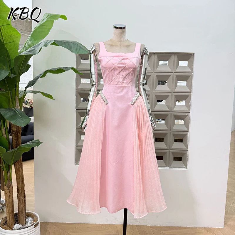 

KBQ Solid Spliced Diamonds Tunic A Line Dresses for Women Square Collar Sleeveless High Waist Temperament Dress Female Fahsion