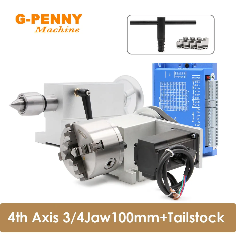 

4th Axis 3/4Jaw 100mm Tailstoc CNC dividing head/Rotation/A axis kit NEMA23 57HS20N 2.2N.m & HBS57 Closed loop stepper motor