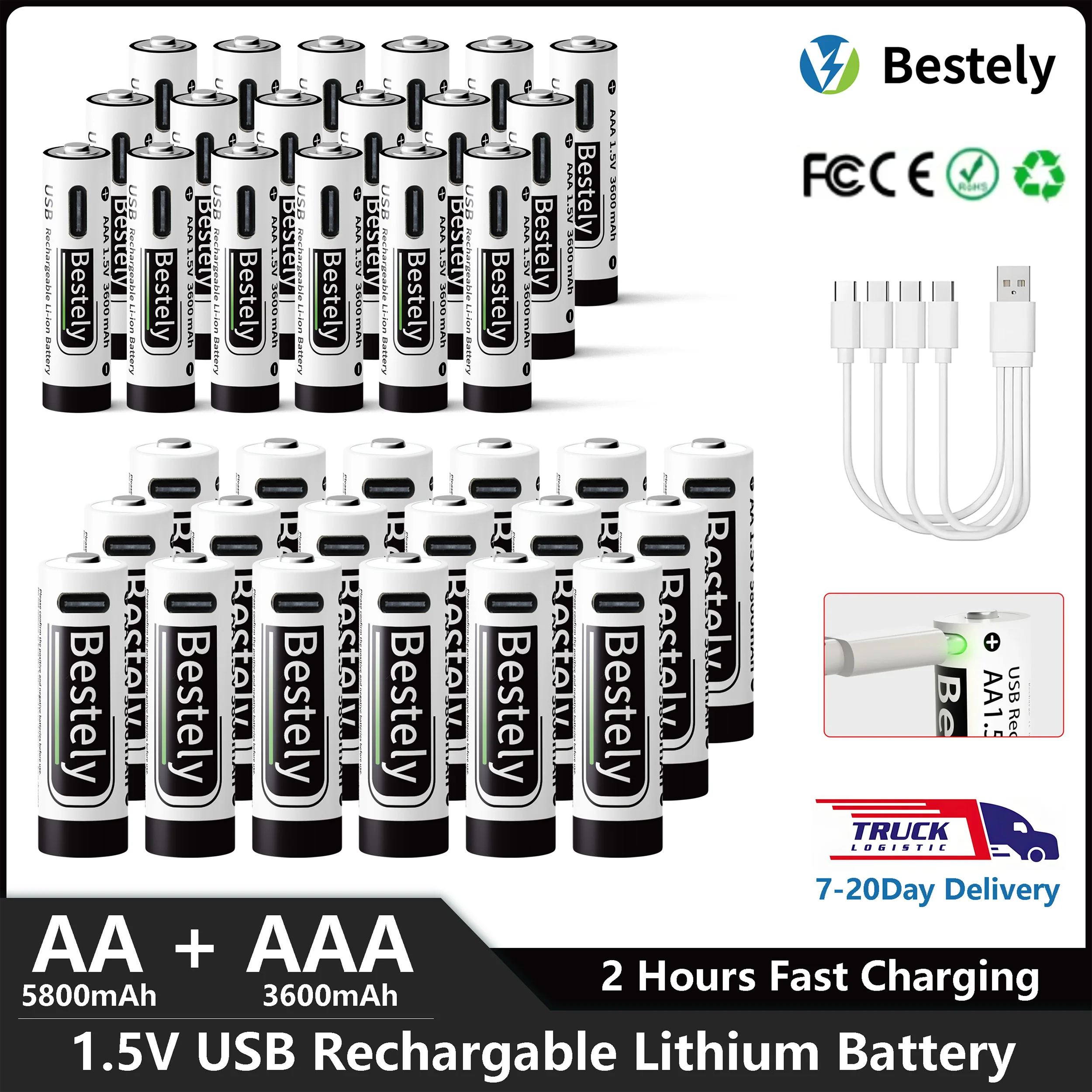 2026 Bestely 1.5V AA 5800mAh AAA 3600mAh Lithium Rechargeable Batteries Fast Charge Li-ion Battery 2000 Cycles free Type-C Cable