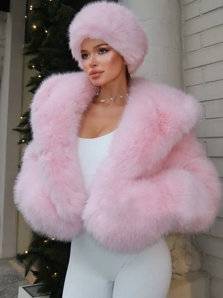 MCDV rose hiver fausse fourrure manteau femmes veste à capuche épais chaud grand Laple Imitation fourrure de renard recadrée douce dame rue outwear