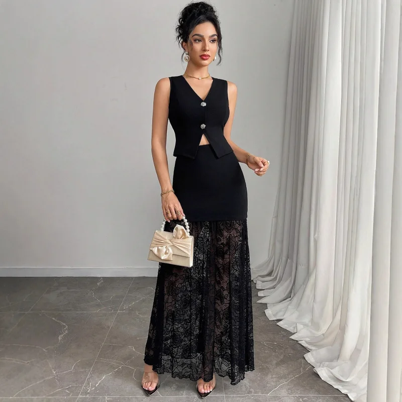 European Code2025Autumn and Winter New Style Vest with Lace Patchwork Skirt Women's Two-Piece Set for Daily Wear