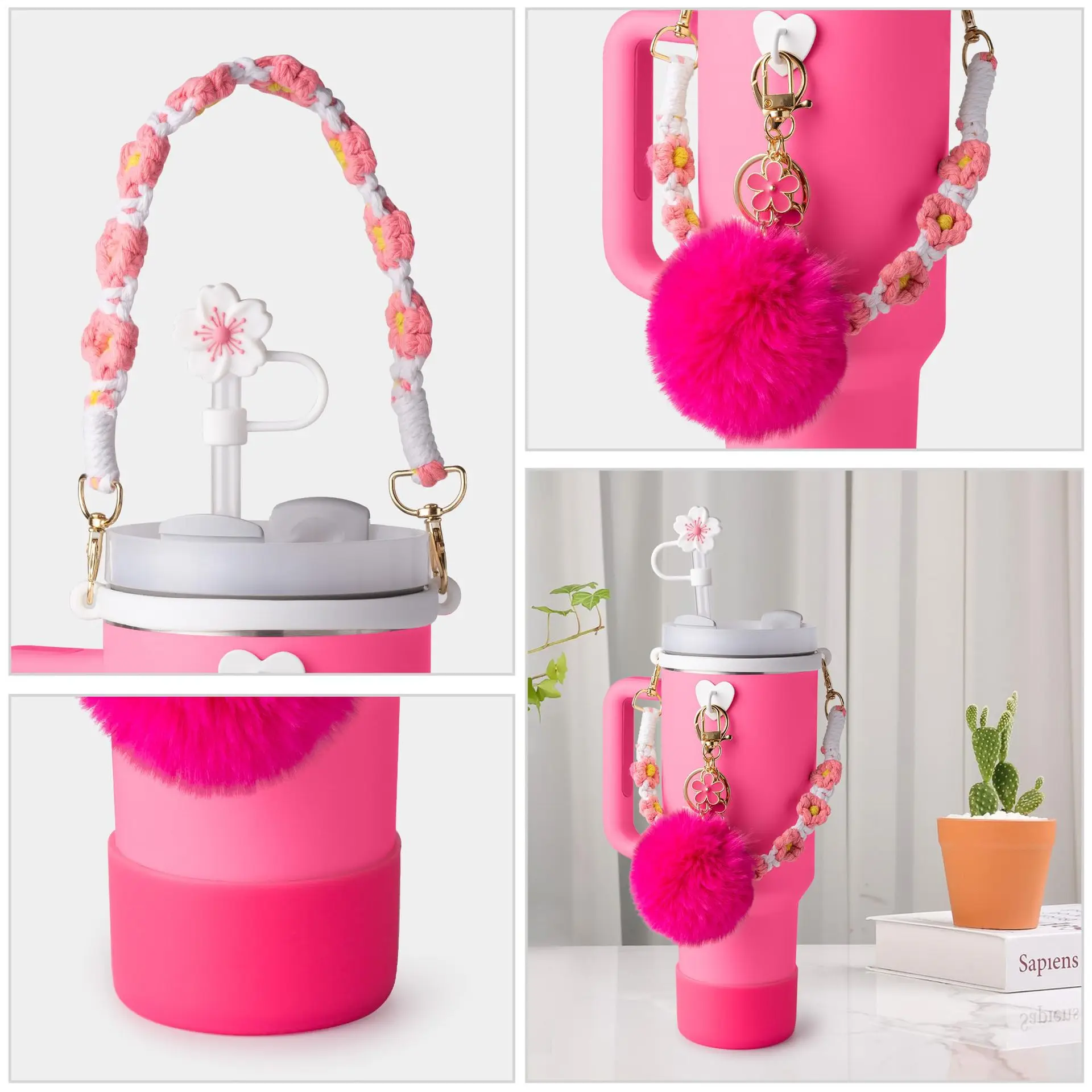 Hot Selling 7Pcs for for Stanley Cup Floral Straw Topper Heart Keychain Pom Pom Pendant Silicone Cup Sleeve Hand Strap