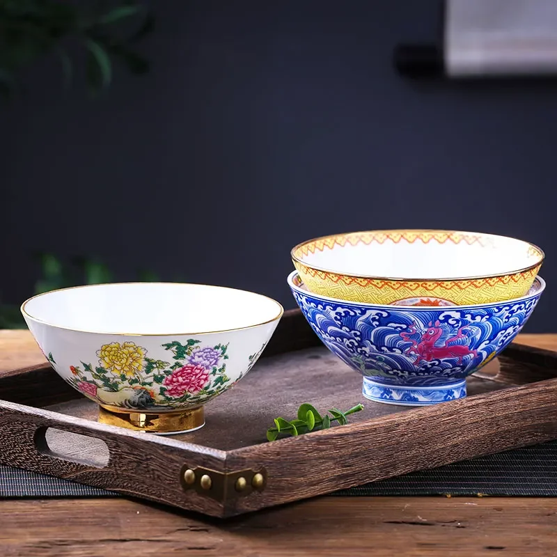8 inch Jingdezhen Chinese Ceramic Ramen Noodles Bowl Classical Bone china Big Bowls Dragon Kitchen Tableware Salad Mixing Bowls