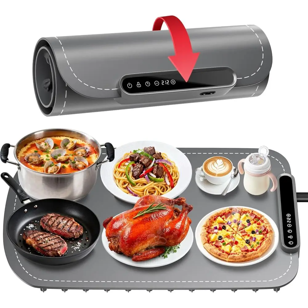 

Upgraded Electric Warming Tray with 7 Temp Levels & 8 Timers, Raised Edge & Rollable Silicone Heat Pad, Portable Food Warmer for