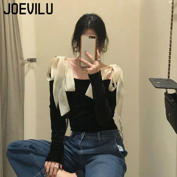 JOEVILU Golden Velvet Collarbone Exposed T-shirt Female Slim Fit Tops Bow Tie Shoulder Strap Bottom Shirts Korean Elegant Blouse