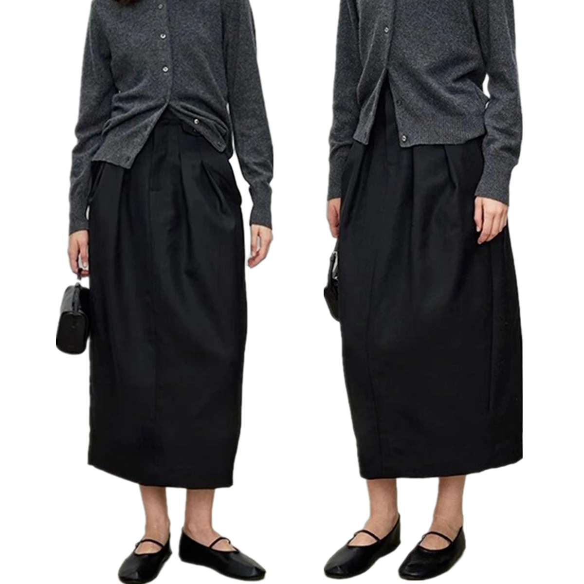 กระโปรงทรงเอวสูงจีบสีดำสไตล์มินิมอลแบบฝรั่งเศสของเจนนี่แอนด์เดฟ  ชุดสูทผ้าขนสัตว์สำหรับผู้หญิง  กระโปรงทรงหรูหรา