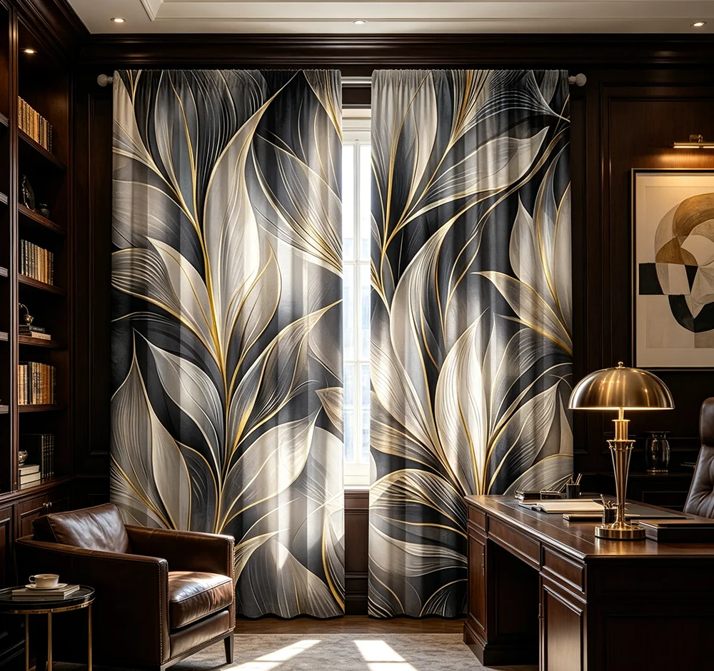 2PCS Digital Printed Curtains, Golden Silk Gray Leaf Luxury Botanical, Modern Home Decor Style for Living Room Bedroom Decor