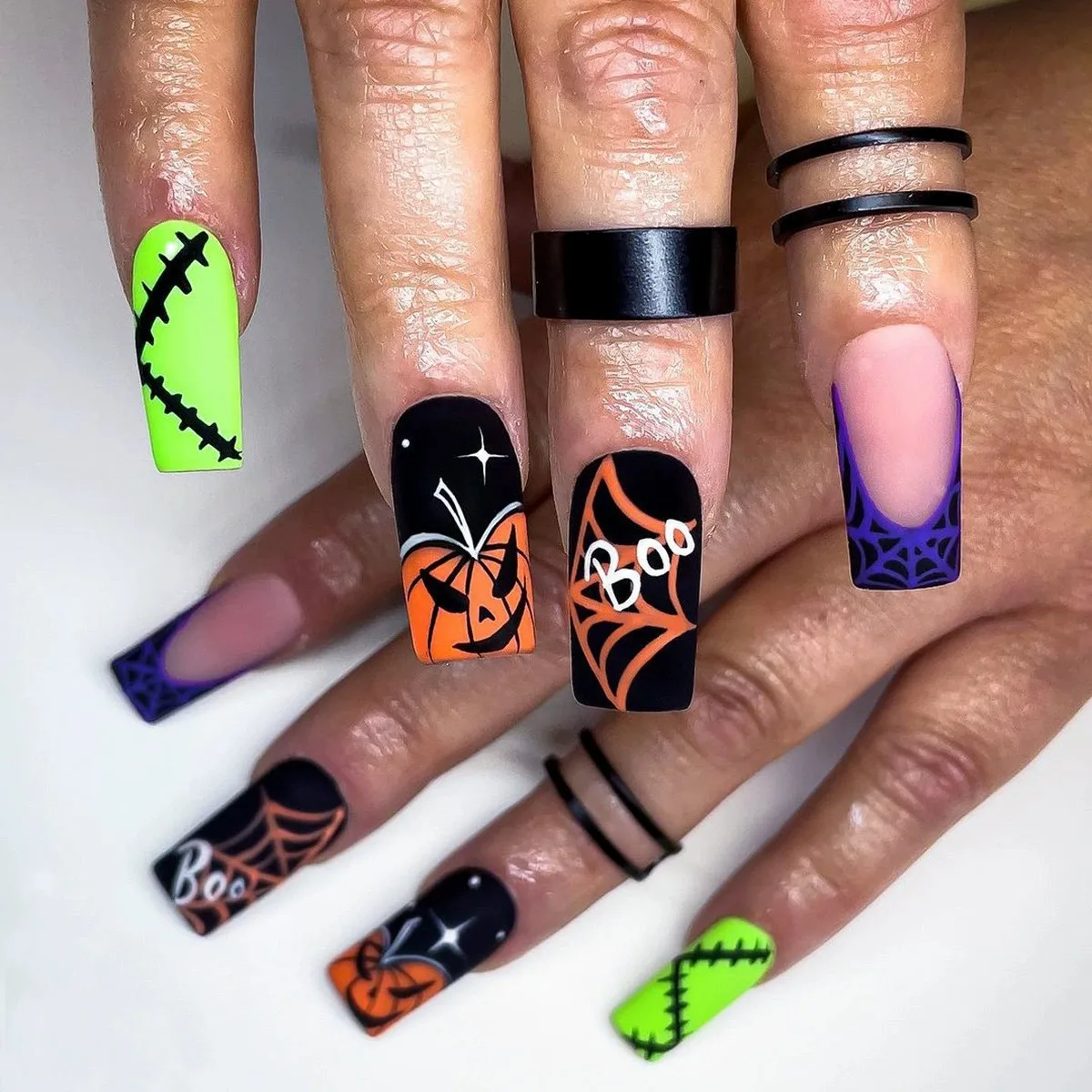 

Press On Nails Matte Halloween Horror Black French Fake Nails Long Ballet Coffin Artificial Nail Dopamine Spider Web False Nails
