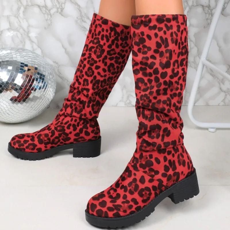 

Women Suede Leopard Knee Boots Fashion Mid Heels Woman Shoes Designer Elegant Long Boots 2025 Winter Dress Pumps New Zapatillas