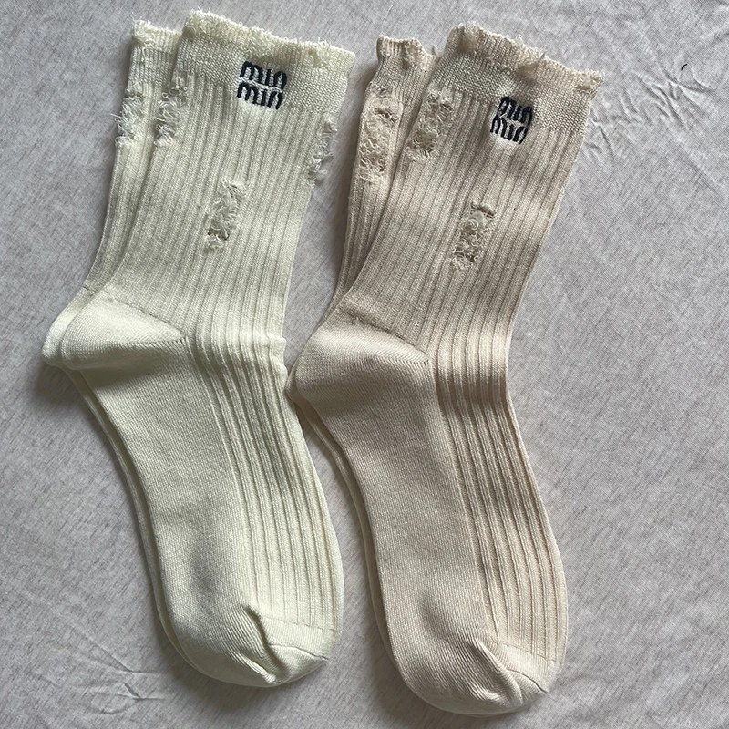 2 Pair Fashion Socks For Women Harajuku Street Broken Hole Beggar Medium Tube Pile Socks Hip-Hop Skateboard Cotton Socks Female