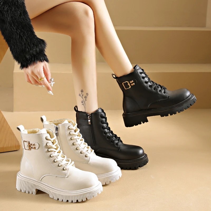 PU Leather Woman Snow Boots Keep Warm Plush Winter Ankle Boots zipper punk motocycle boots black beige modern boot