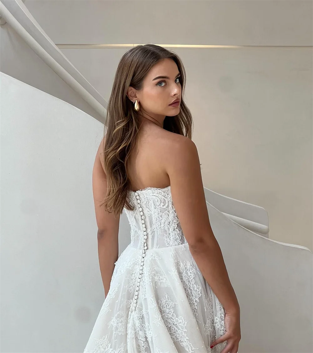 Kyoto Customized Ivory Lace Appliques Sleeveless Wedding Dress A-line Button Back vestidos de novia Chapel Train Evening Dresses image 3