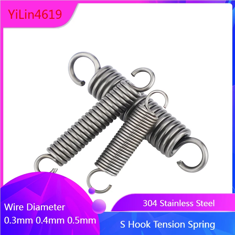 304 Stainless Steel S Hook Tension Spring - Helical Coil Pullback Extension Cylindroid Wire Diameter 0.3mm 0.4mm 0.5mm