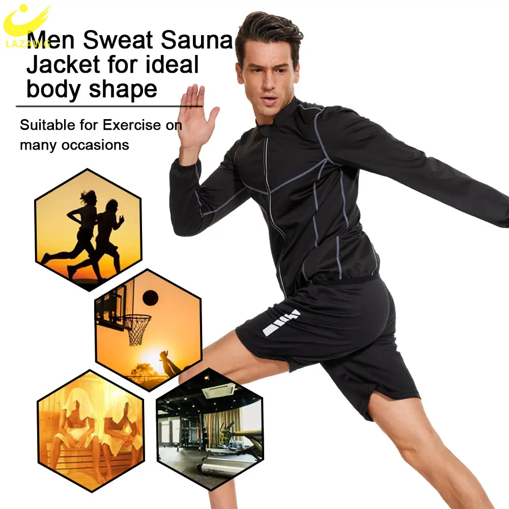 LAZAWG Men Sauna Jacket Sweat Top for Weight Loss Suit Slimming Shirt Fat Burner Body Shaper Exercise Sport Fitness Workout Gym