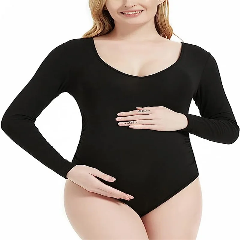 

Maternity Bodysuit for Photoshoot Long Sleeve Pregnancy Bodysuit Bodycon Top Deep V Neck Basic Leotard