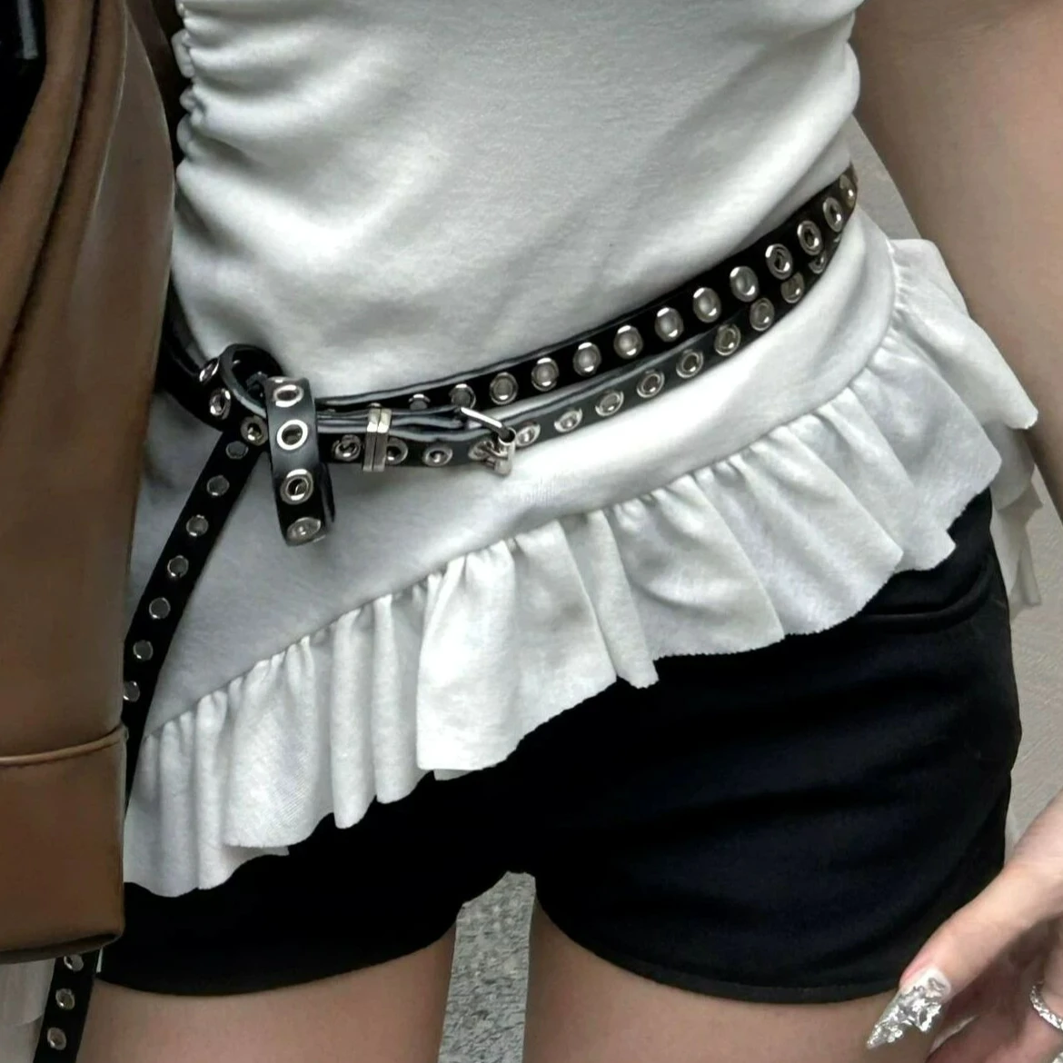 Punk Double Loop Thin Belt Retro Double Layer Waist Chain Rivet Eyelet Buckle Belts Adjustable High Quality PU Leather Belts view 6