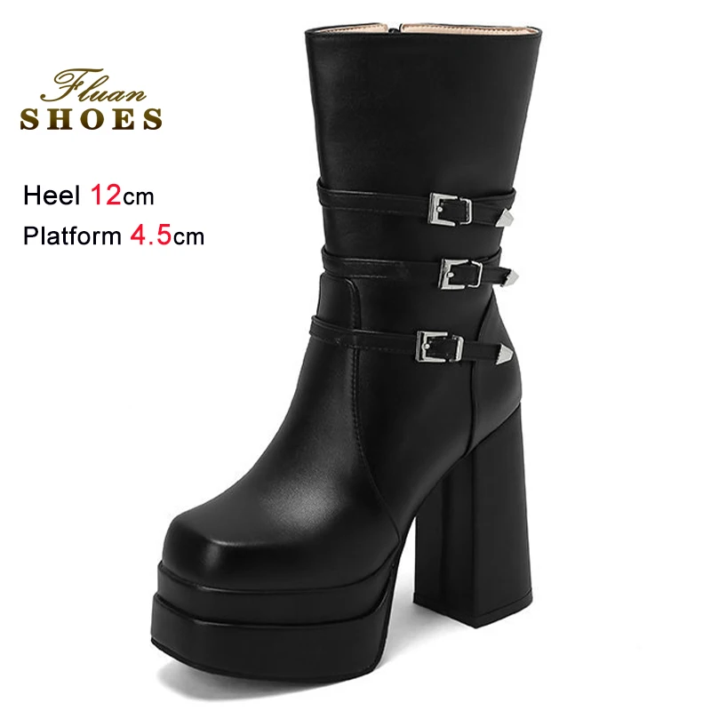 

Женские черные ботинки-наездницы осень-зима 2026 с квадратным носком, на молнии, с тремя пряжками, на толстом каблуке 12 см, платформе 4,5 см, ботильоны CD