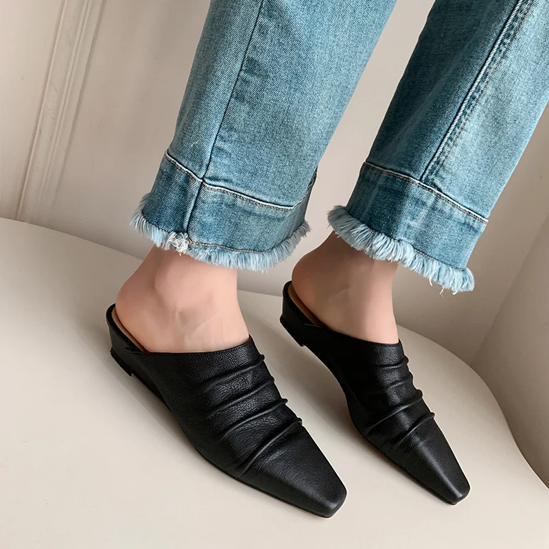 Muller Slippers Women Pumps Square Toe Genuine Leather Slippers Spring Summer Concise Casual Working Shoes Woman New Arrival