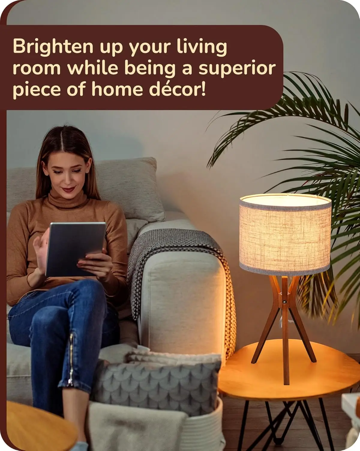 Lámpara de mesa con trípode de mediados de siglo, base de madera profunda de 17,5' y pantalla de lino beige, lámpara de mesita de noche E26 para dormitorio, sala de estar