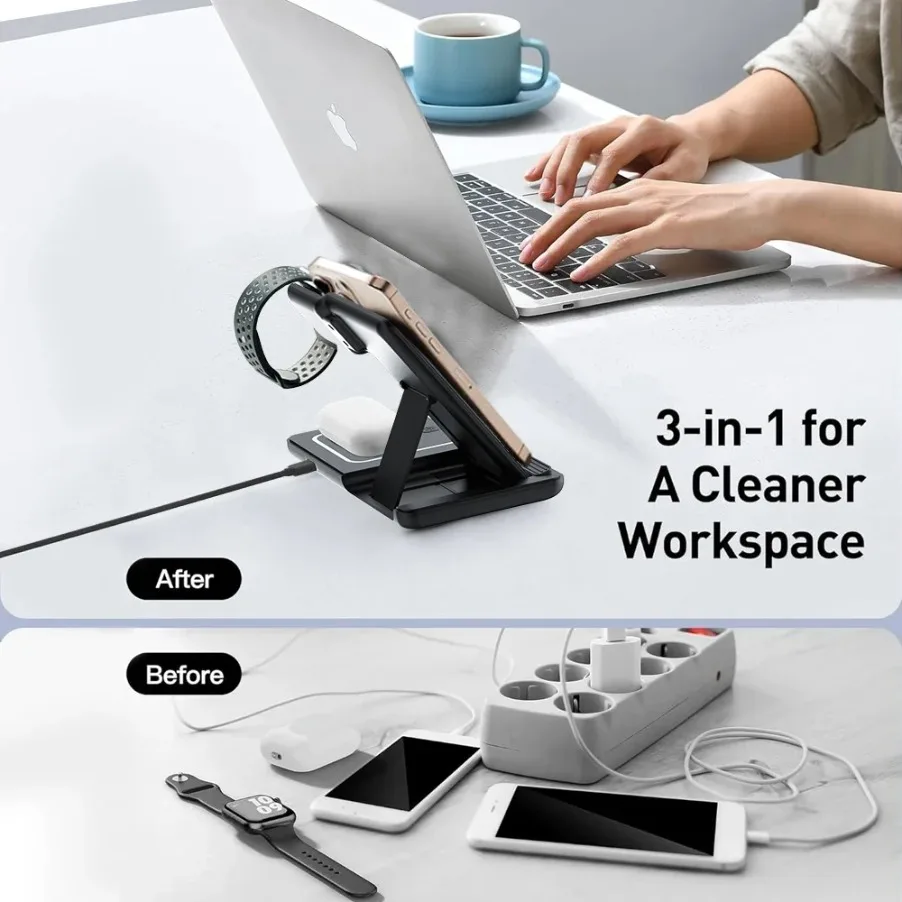 حامل شاحن لاسلكي 3 في 1 قابل للطي ليلي مزود بإضاءة LED لهاتف iPhone وسامسونج وأبل وساعة 2-8 SE Airpods Pro ومحطة شحن سريعة #6