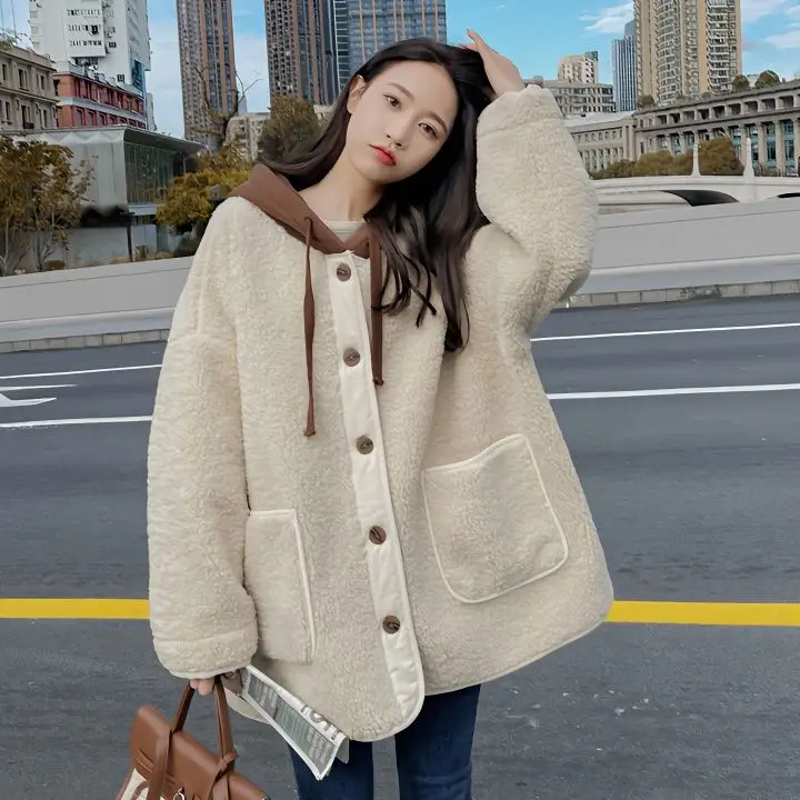 루즈핏 패치워크 디자인 퍼 및 램퍼 재킷, 두꺼운 후드 상의, 한국 스타일 신상