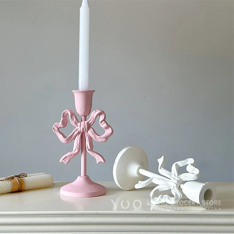 Retro Pink Bowknot Candlestick Cast Iron Single Head Wax Holder White Classical  Candle Holder Ornaments Diningtable Decor