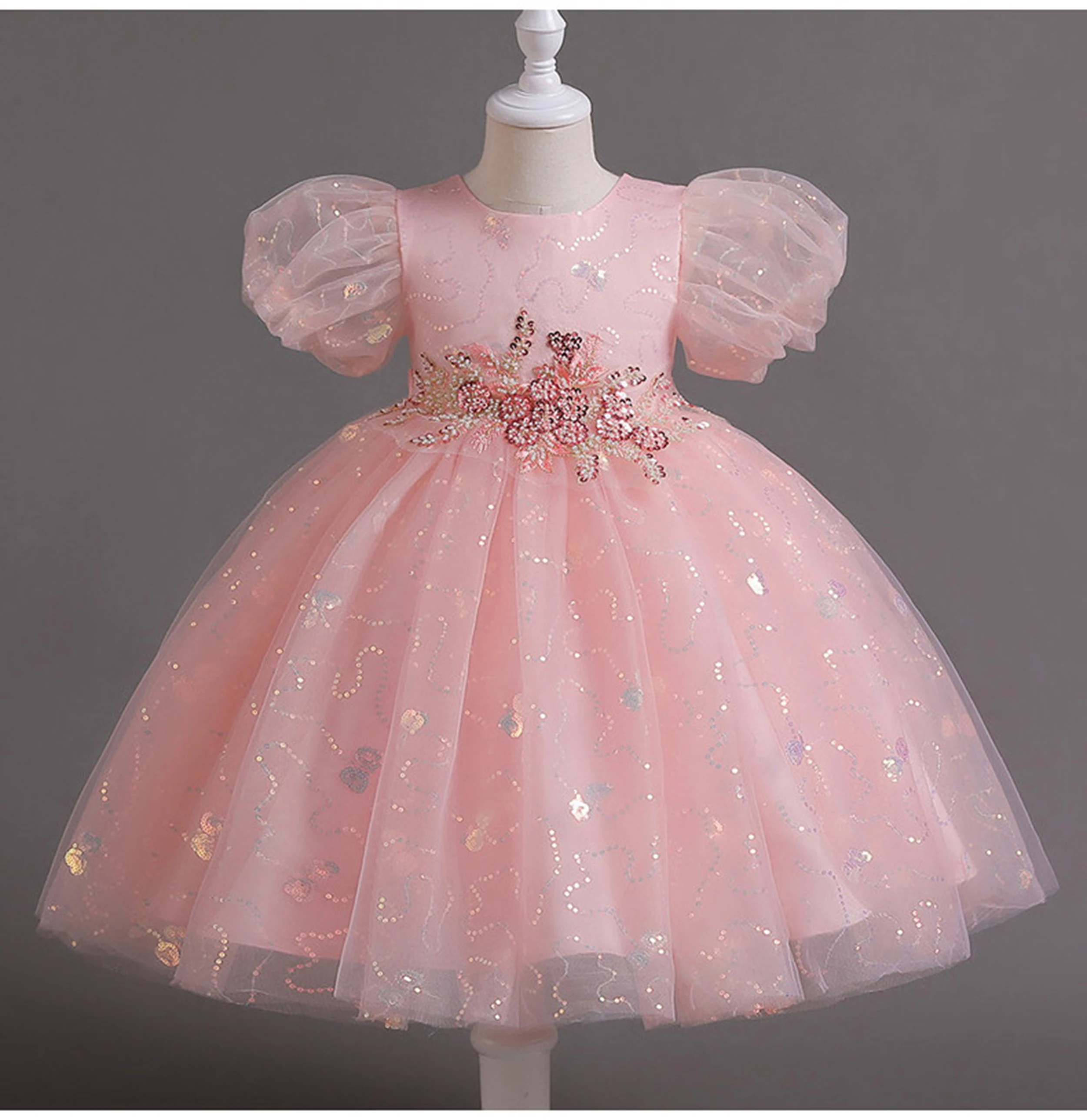 

Little Girls Glitter Puff Sleeves Flower Girl Dress Birthday Party Pageant Short Gown C551