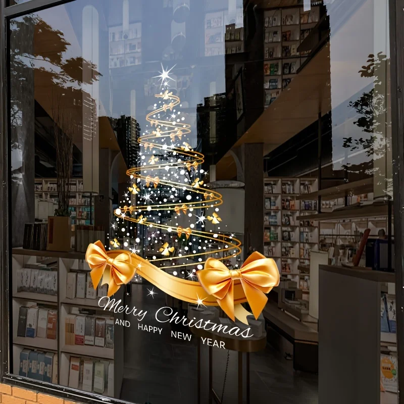1pc Golden Christmas Tree Large Bow Printing Static Cling Sticker Christmas Decoration Sticker Bedroom Living Room Window Decor