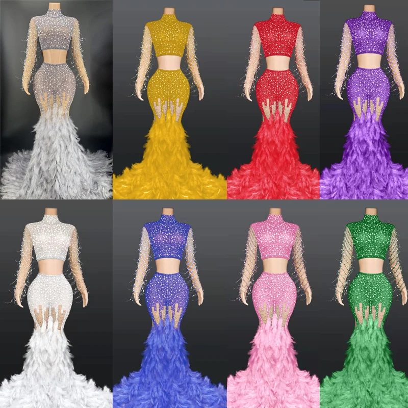 Multicolor Peals Diamond Long Dress Sexy Fur Trailing Evening Dress Birthday Celebrate Outfit Women Stage Prom Costume XS5035