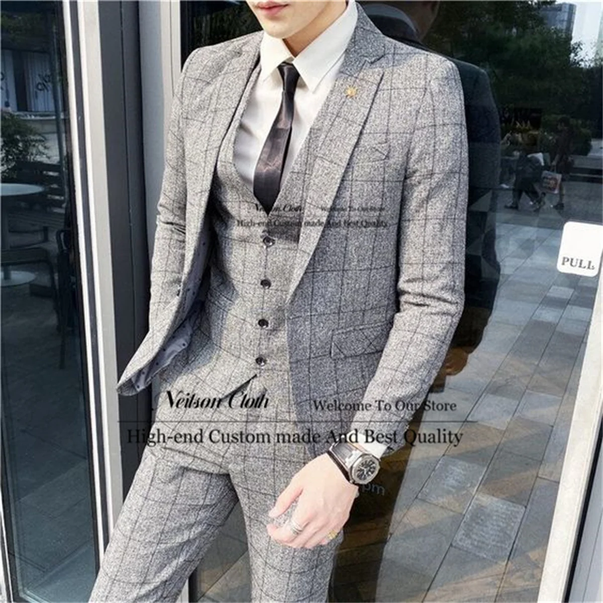 

Formal Gray Office Male Prom Blazers 3 Pieces Sets Plaid Groom Wedding Tuxedos Slim Fit Notched Lapel Groomsmen Terno Masculino