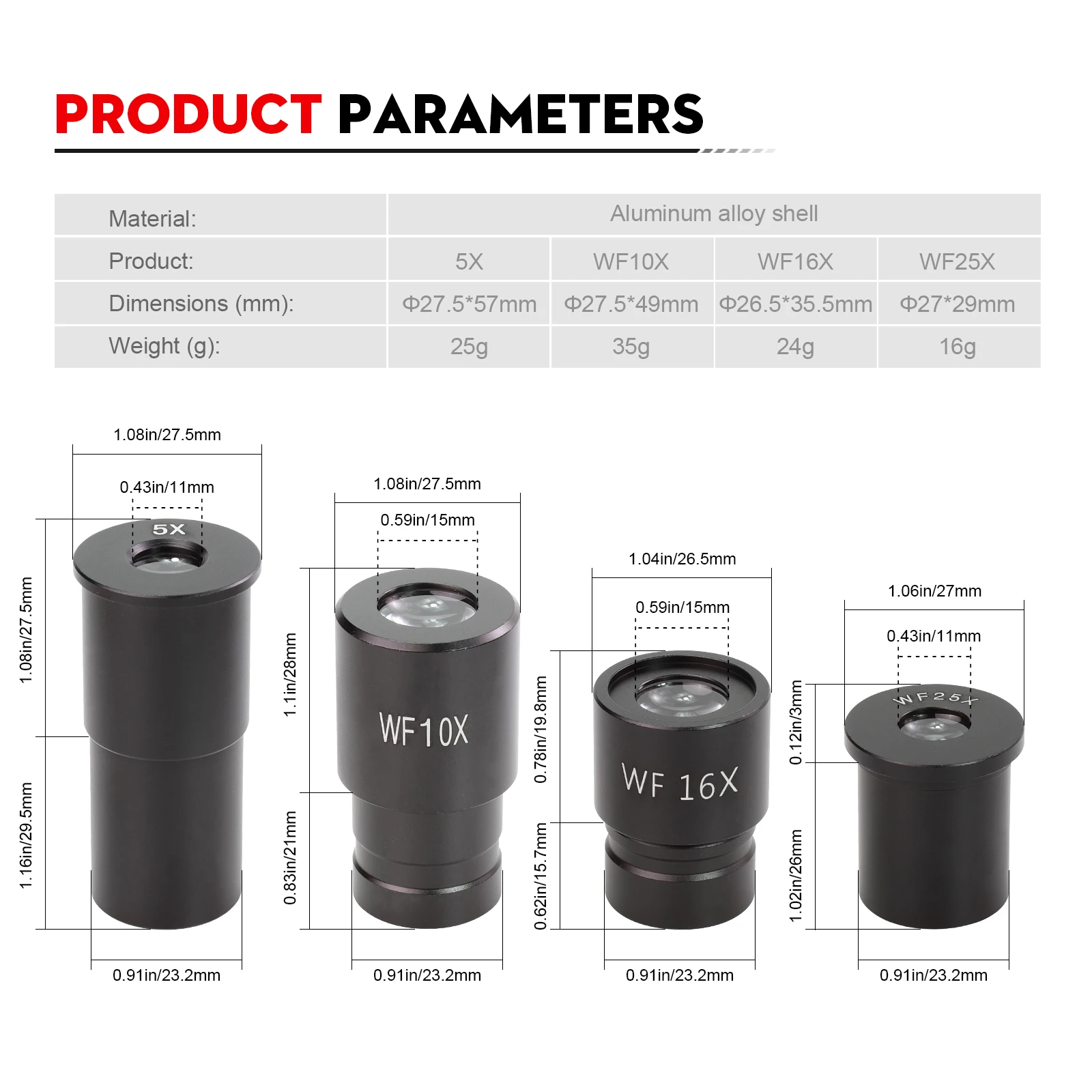Datyson microscope eyepiece, 0.91inch (23.2mm) special wide-angle eyepiece for biological microscopes, 5x, 10x, 16x, 25x