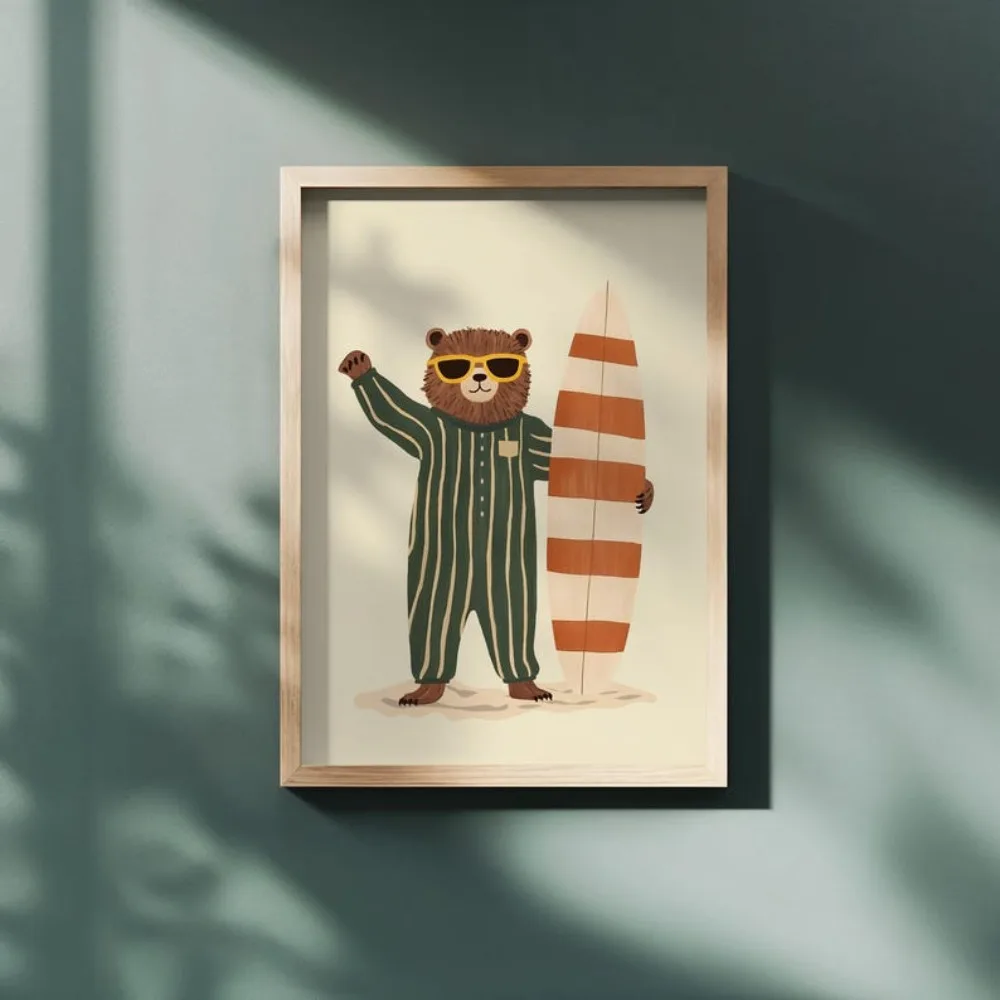 Unframe 1 Piece of Frameless Retro Surfing Bear Wall Print,Beach Nursery Decoration,Summer Animal Poster,Bear and Surfboard Prin