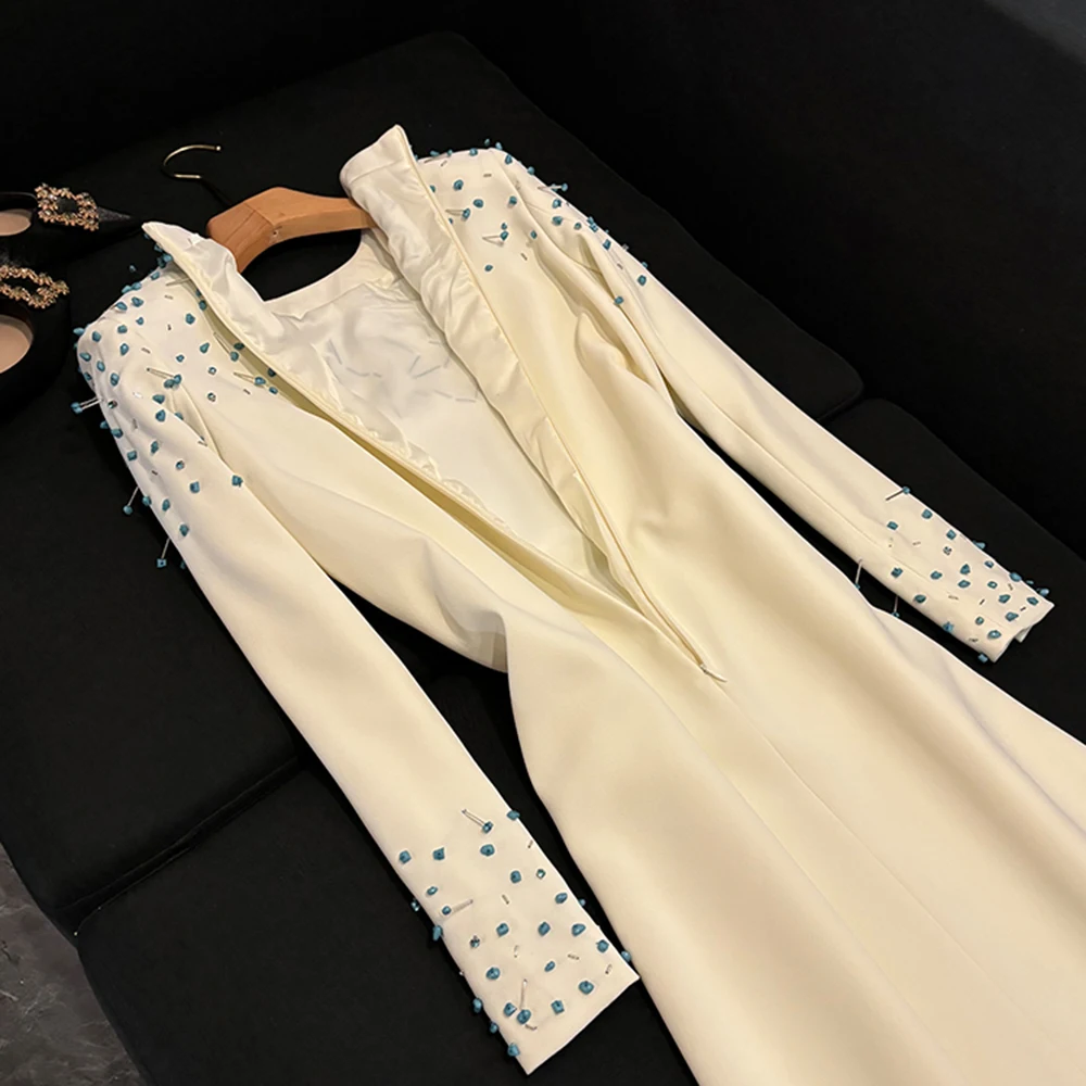 TWOTWINSTYLE Solid Loose Evening Dresses for Women Round Neck Long Sleeves Patchwork Bead Temperament New Dress Female KDR526861