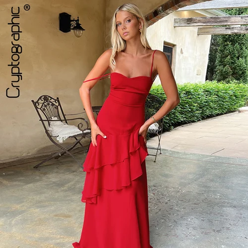 Cryptographic elegante detalle de volantes Slip Maxi vestido trajes de vacaciones Sexy sin espalda Banadage vestidos rojos vestidos de sol de verano nuevo