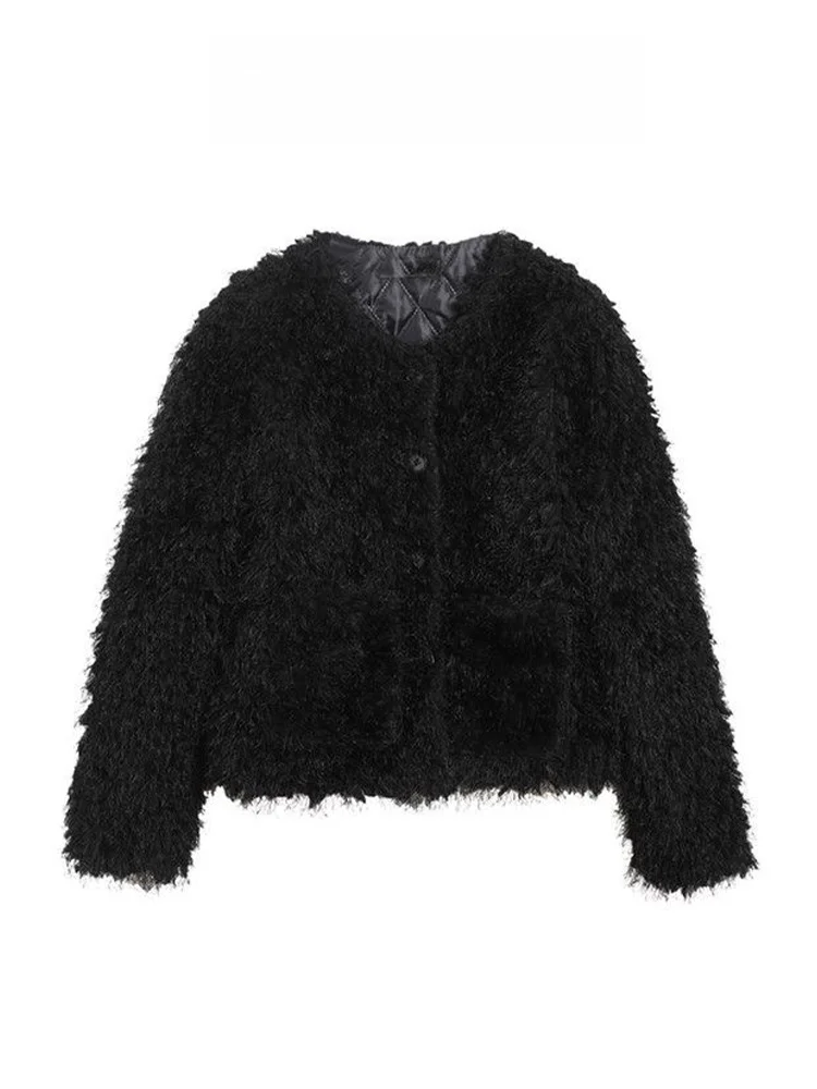

Bla Lamb Fur Jaet Women's Winter New Roll-Up Soft Thi Warm Plu ort Top V-Ne Commute Sle Loose Fit Other Material
