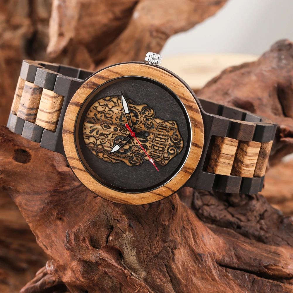 Steampunk Flower Skeleton Red Seconds Dial Men\'s Zebrawood Bangle Wristwatches Quartz Male Watch Folidng Clasp Wooden Watchband