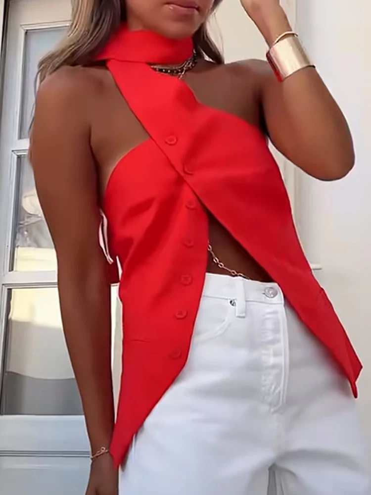 

Летние женские сексуальные шикарные топы с открытой спиной, праздничные модные простые блузки без рукавов, 19225 однобортный элегантный женский жилет Blusas