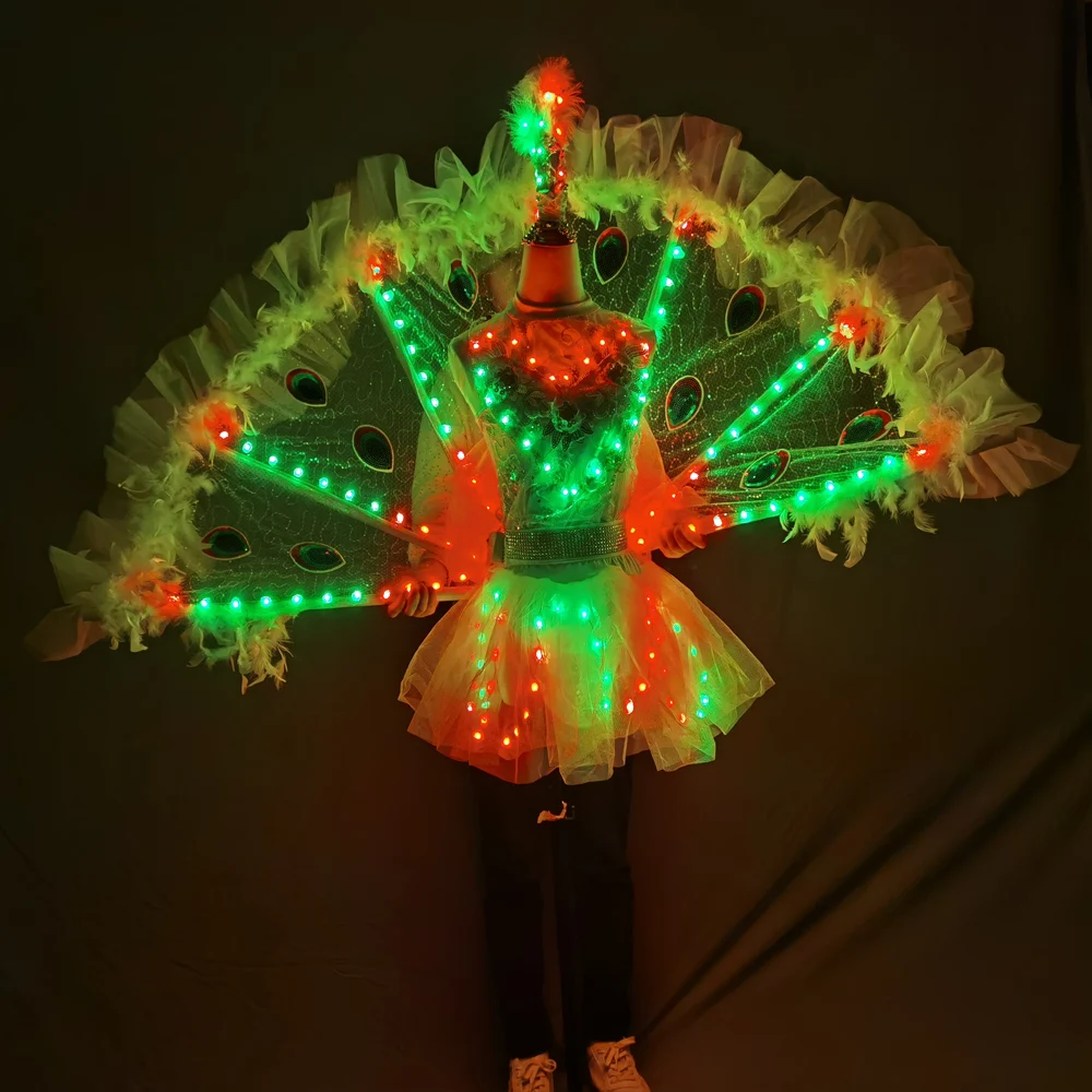 Full Color LED Peacock Wings Nightclub Catwalk Model Dance Party Stage Performance Wear Dress Women Girl Ballet Skirt