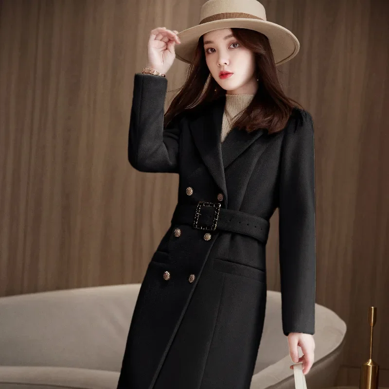 2023 Winter Simple Women Woolen Coat V-Neck Belt Long-Sleeved Coat Autumn and Winter New Solid Color Women's Overcoat