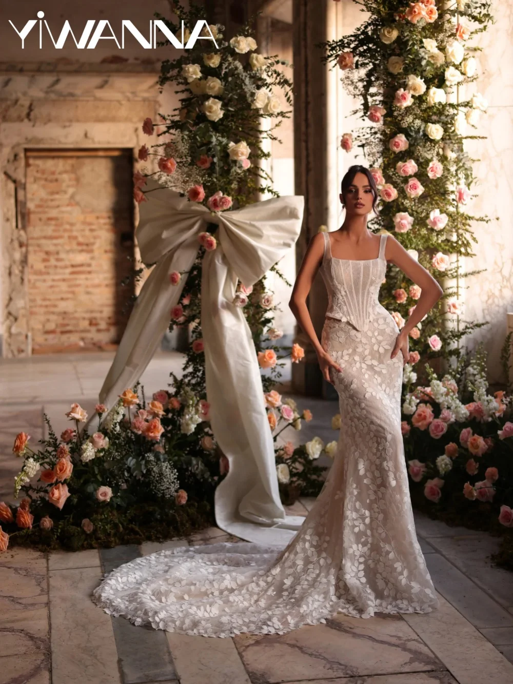 

With Corset Sequined Lace Wedding Dress Square Neck Mermaid Bridal Gown Customized Thin Straps Floor-length Dresses For Bride