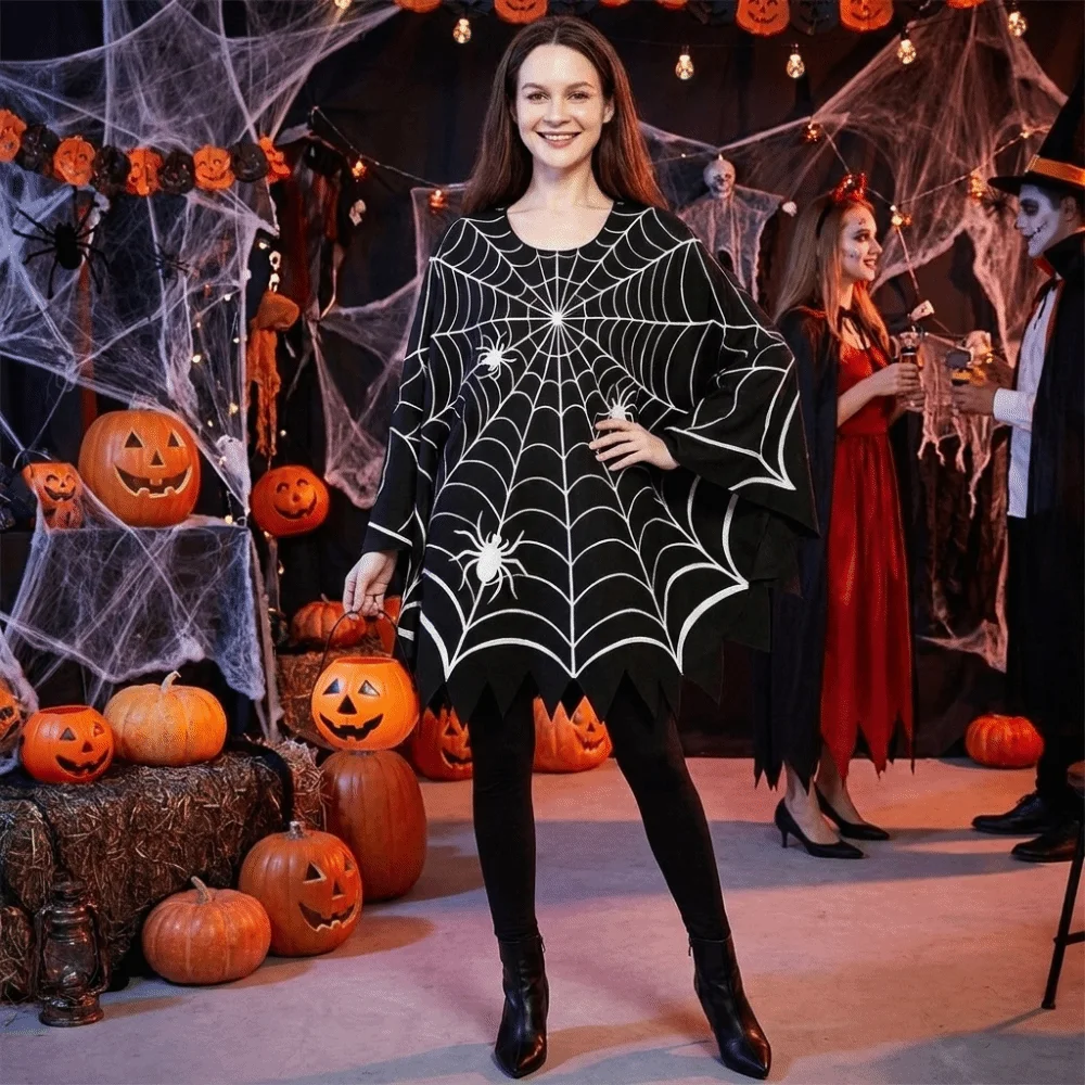 Multi-functional Scary Halloween Spider Web Cloak Creepy Black Shawl Poncho Cape Cosplay Outfit Stage Drama