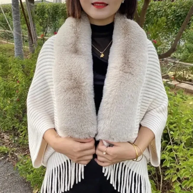 Fur Collar Shawl Women Patchwork Tassel Knitted Coat Autumn Winter Loose Thick Warm Cardigan Bat Sleeve Stripe Cape Femme