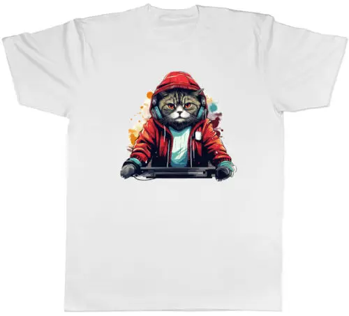 DJ Cat Mens T-Shirt Music Decks Headphones Remix Tee Gift