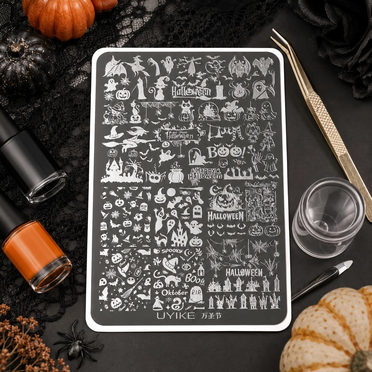 Halloween Nail Art Printing Plate Large Metal Nail Art Pattern Template Pumpkin Witch Bat Spider Web Skull Themed DIY Nail Tool