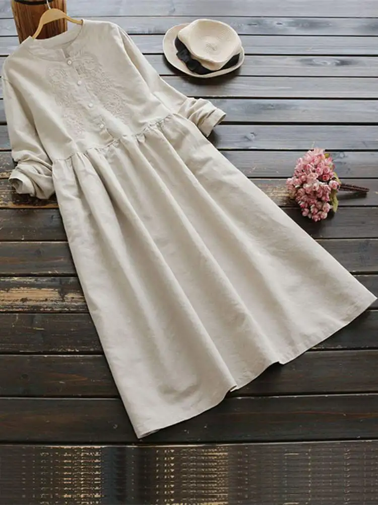 2022 Thu Đông Thêu Dài Áo Đầm ZANZEA Vintage Nữ Cotton Vestidos Phụ Nữ Dài Tay Áo Sundress Dài