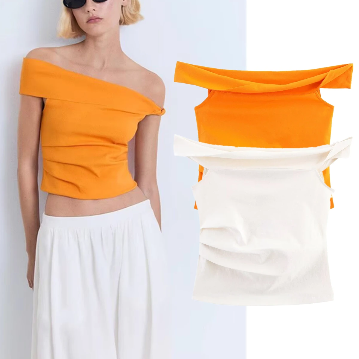 Dave&Di French Fashion Lazy Sexy Off-Shoulder Cropped Top Sommer T-Shirt Einfarbig Kurzarm T-Shirt für Frauen