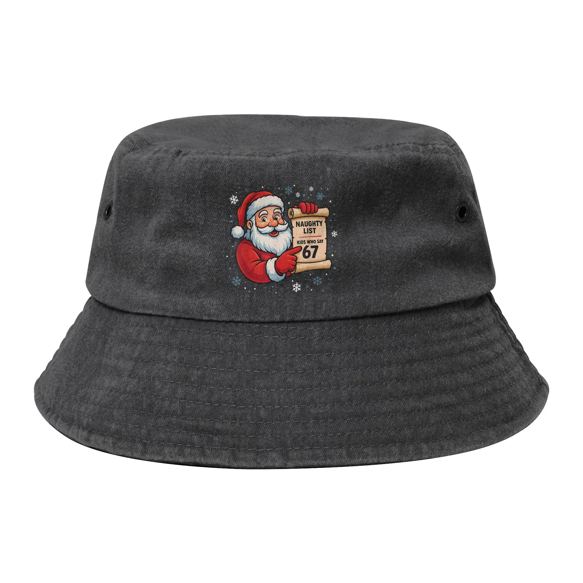 Naughty List Kids Who Say 67 Christmas Six Seven Santa Claus Bucket Hat Men Women Outdoor  Distressed Cotton Fishing Cap Bob Hat