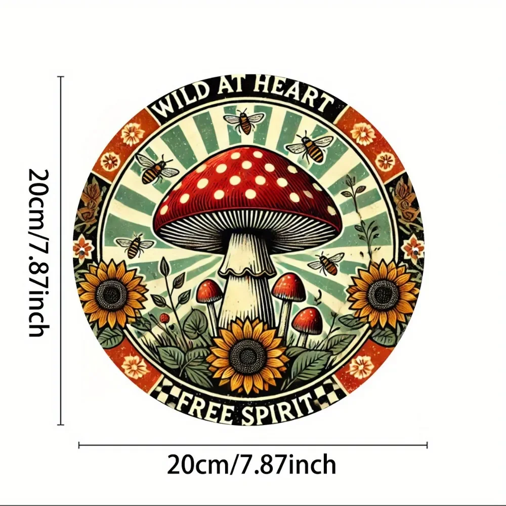 لافتة معدنية على شكل عباد الشمس والنحل والفطر، فن معلق من الحديد الدائري المطبوع المسطح، ديكور جداري مقاس 8 بوصات لنوادي الحانات والمقاهي #2