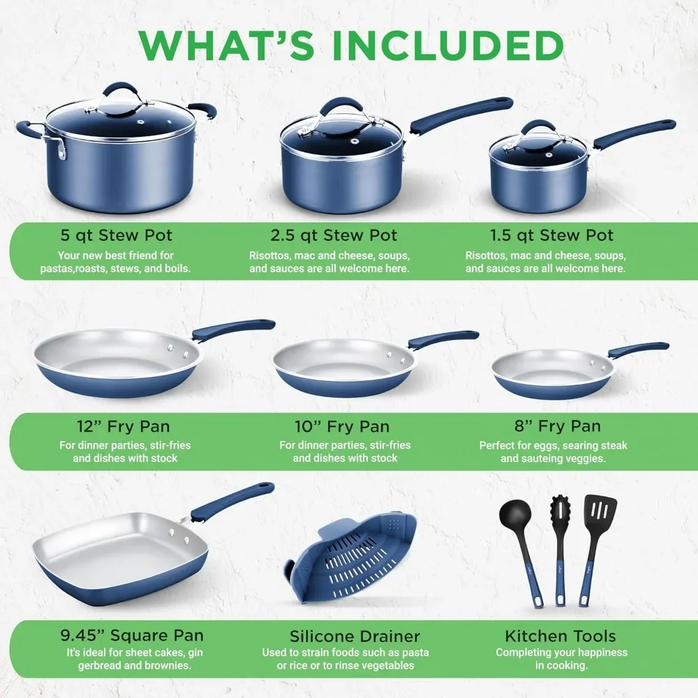 NutriChef 20-Piece Nonstick Kitchen Heat Resistant Silicone Handles Cookware Bakeware Set w/Saucepan, Frying